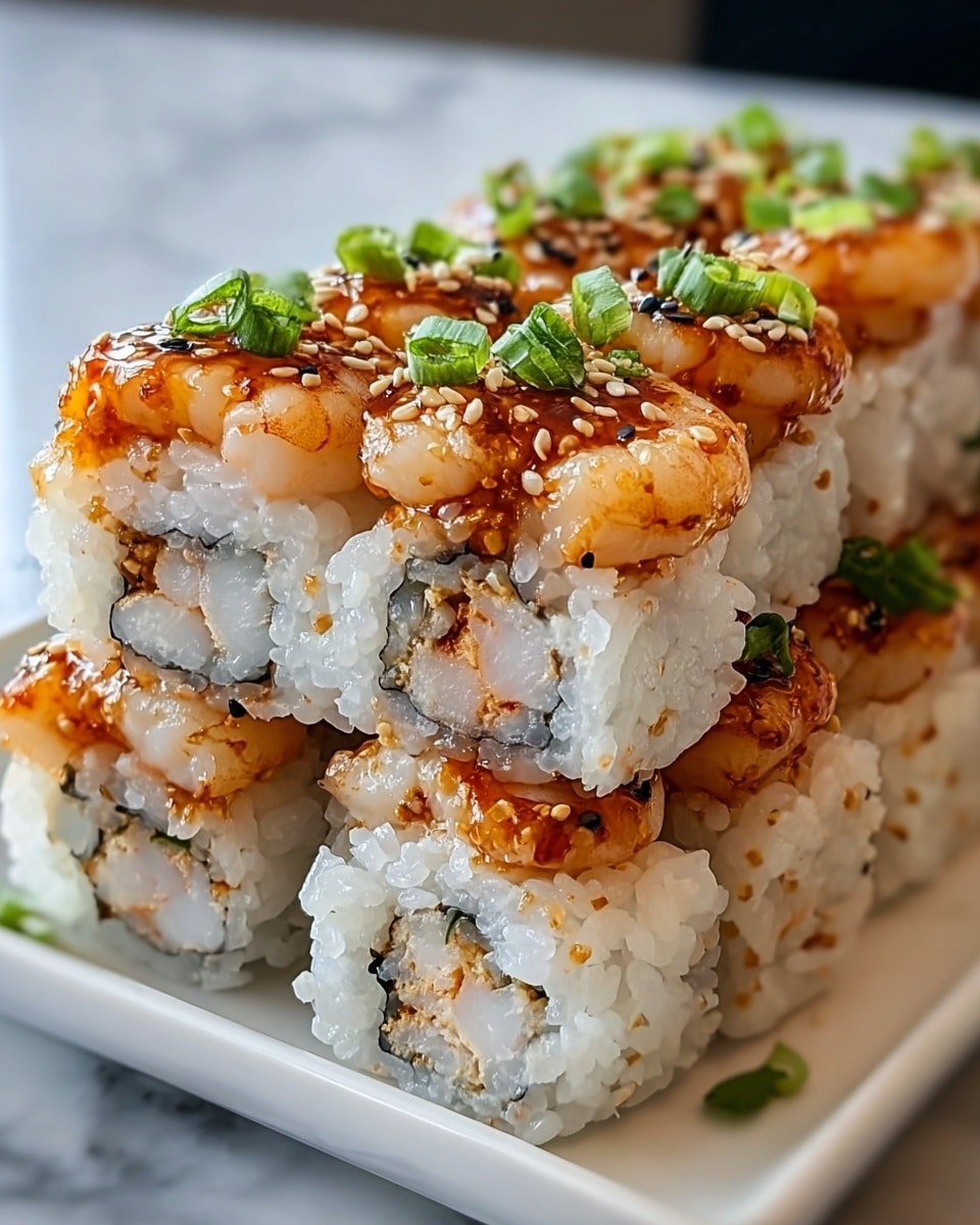The image shows a close-up of sushi rolls stacked neatly on a white rectangular plate placed on a white marbled surface. Each sushi roll has three main layers: the bottom layer contains compact white rice flecked with black sesame seeds surrounding a center filling of diced shrimp or seafood; the middle layer is a continuation of the rice with a few seafood pieces visible inside; the top layer features a golden-brown, slightly glazed grilled shrimp with a shiny, textured surface, topped with finely chopped green onions and sprinkled sesame seeds, adding a fresh green and light beige contrast. The sushi looks fresh, moist, and inviting with a mix of soft and crispy textures. photo taken with an iphone --ar 4:5 --v 7