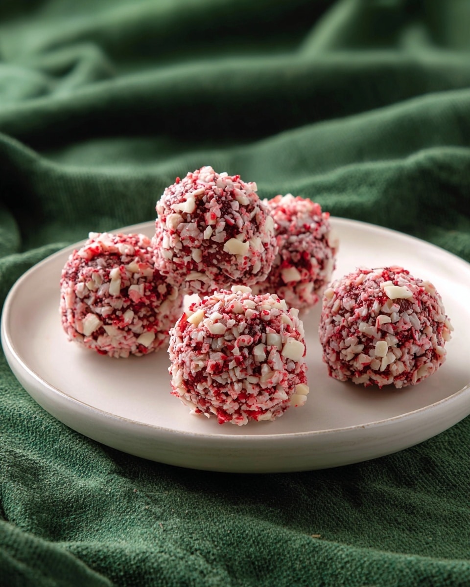 Five round dessert balls covered with small chunks of red and white coating are placed on a white plate. The outer layer is rough and bumpy with the red and white pieces sticking out, giving it a textured, crunchy look. The plate is set on a green cloth with soft folds and wrinkles, adding a cozy background to the scene. The image is taken close up to show the detail on each dessert ball and the plate curves gently upwards at the edges. photo taken with an iphone --ar 4:5 --v 7