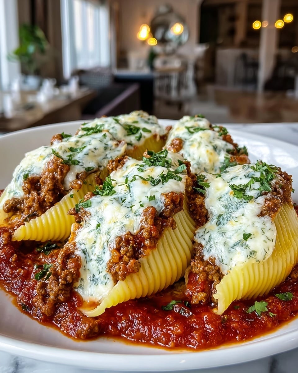 Three large pasta shells sit side by side on a white plate, each filled with a rich layer of browned ground meat mixed with herbs. The pasta shells are bright yellow with ridged edges, partially resting on a thick base layer of chunky red tomato sauce that spreads across the plate. On top of the meat filling, there is a thick, bubbling layer of creamy white cheese melted with green herb flecks, slightly browned in spots, and sprinkled with finely chopped fresh parsley. The background is a softly blurred indoor setting, and the plate is placed on a white marbled texture. Photo taken with an iphone --ar 4:5 --v 7