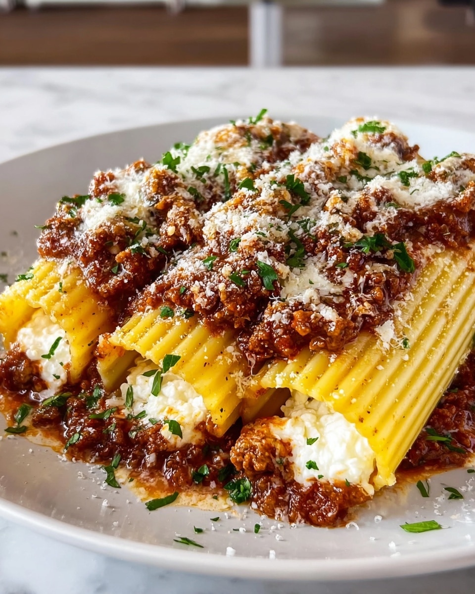 The image shows three large pasta tubes placed side by side on a white plate with a white marbled background. Each pasta tube is golden yellow with ridges and is stuffed with a creamy white cheese filling visible at the open ends. The tubes are generously covered with a rich, chunky brown-red meat sauce that drapes over the top and sides, with melted white cheese melting into the sauce. The dish is sprinkled with grated cheese and chopped green herbs, adding texture and color contrast to the top and around the plate edges. photo taken with an iphone --ar 4:5 --v 7