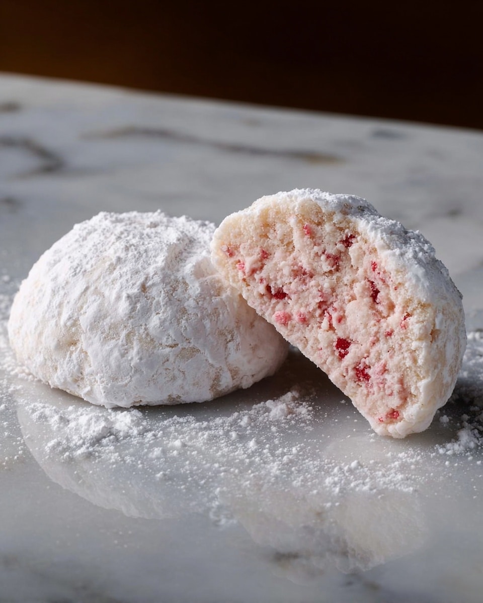 The image shows two soft, round cookies on a white marbled surface. One cookie is whole and covered in a thick layer of white powdered sugar with a rough texture. The other cookie is cut in half, revealing a soft, light pink inside with small red bits scattered throughout, giving it a crumbly texture. Both cookies have a slightly uneven shape, and some powdered sugar is lightly dusted on the surface around them. Photo taken with an iphone --ar 4:5 --v 7