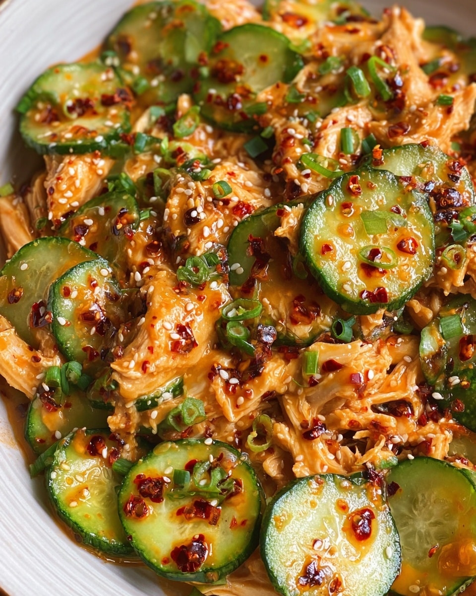 This close-up image shows a dish with thin round slices of cucumber scattered throughout, their green edges and pale centers visible. Mixed in are pieces of shredded chicken coated in a creamy, orange-colored sauce. The dish is topped with dark reddish-brown chili oil containing small bits of chili and seeds, adding a shiny texture. Bright green chopped spring onions are sprinkled across, along with small white sesame seeds giving a slight crunch contrast. All the ingredients sit together closely, coated in glossy sauce and chili oil, creating a mix of smooth, crunchy, and oily textures on a white plate. The photo taken with an iphone --ar 4:5 --v 7