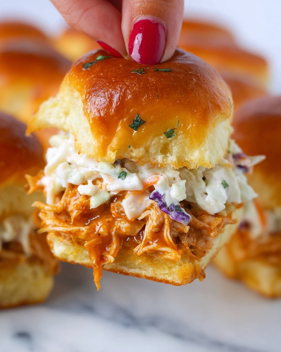A close-up of a small sandwich held by a woman's hand with red nail polish, showing a golden-brown soft top bun with a glossy shine and tiny green herb bits sprinkled on top. Below the bun is a thick layer of creamy coleslaw with white, purple, and orange shreds of cabbage and carrot mixed in. Under the coleslaw, there is a generous portion of shredded pulled chicken covered in shiny, sticky orange barbecue sauce. The sandwich sits on a white marbled surface along with more of the same golden-top buns in the background, slightly out of focus. photo taken with an iphone --ar 4:5 --v 7