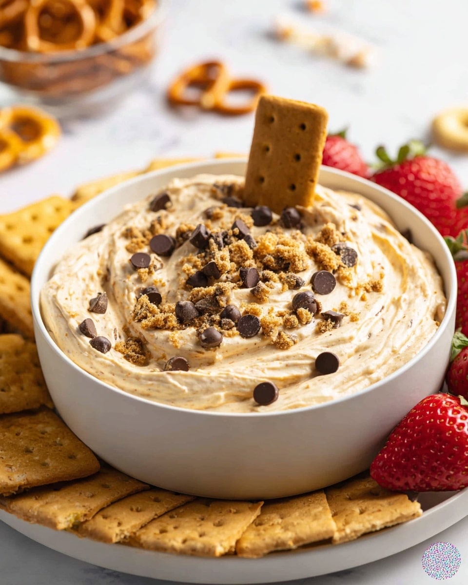 A white bowl filled with creamy, light tan dip with a smooth, slightly whipped texture sits in the center. The dip is topped with small, dark chocolate chips scattered evenly and bits of crumbled golden brown cookies. One whole rectangular cookie is partially dipped into the middle of the dip, standing upright. Surrounding the bowl is a white plate holding additional rectangular cookies, golden brown square crackers, and fresh red strawberries. In the background, some pretzels and out-of-focus items sit on a white marbled surface. Photo taken with an iphone --ar 4:5 --v 7