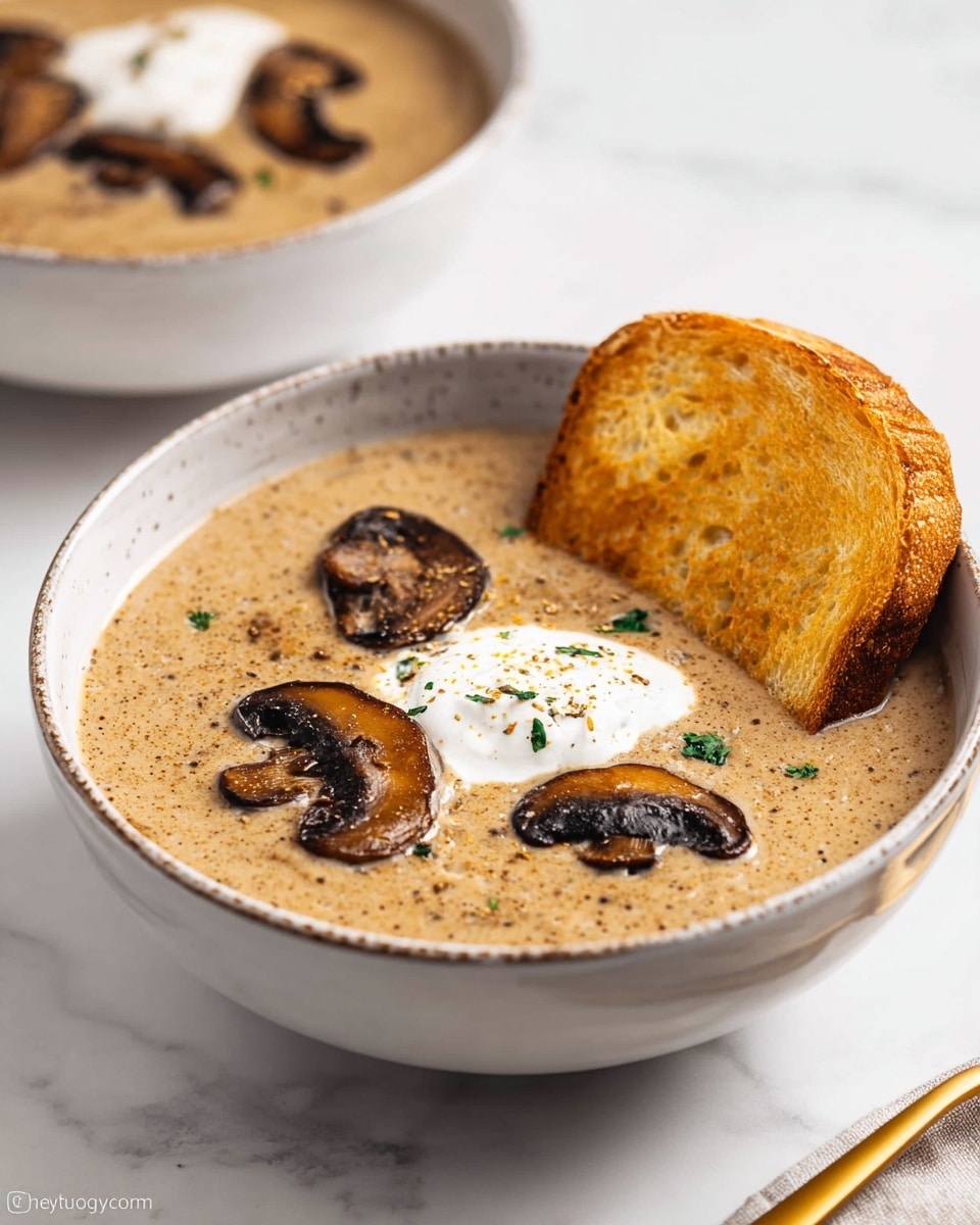 The image shows a bowl of creamy mushroom soup with a light brown color, filled almost to the top. On the surface, there are several dark brown sautéed mushroom slices scattered, with a dollop of white cream in the center. A golden toasted slice of bread is placed inside the bowl at an angle on the right side, partially dipped into the soup. The bowl is white with a subtle greyish rim and rests on a white marbled surface. There is another bowl of the same soup blurred in the background. photo taken with an iphone --ar 4:5 --v 7