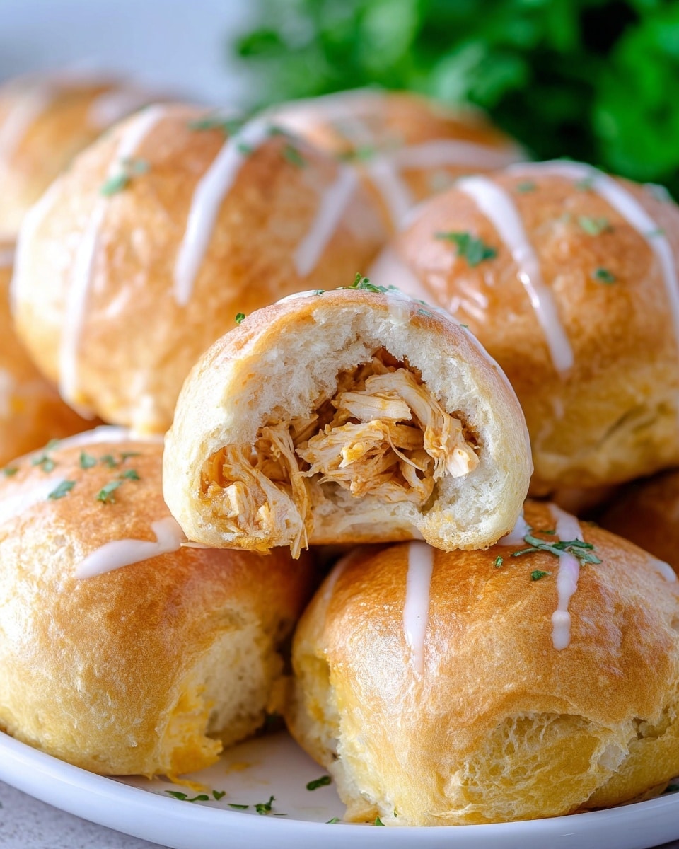 This image shows several golden brown, soft bread rolls with a smooth, slightly shiny surface, each topped with thin white drizzle and small green herb sprinkles. In the center, a bread roll is broken open to reveal a creamy light orange filling inside made of shredded chicken mixed with a sauce, showing multiple layers of tender chicken and soft bread. The rolls are placed closely together on a white plate and have a fresh green herb background blurred behind them. photo taken with an iphone --ar 4:5 --v 7
