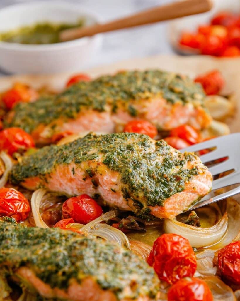 Sheet Pan Pesto Salmon Dinner Recipe