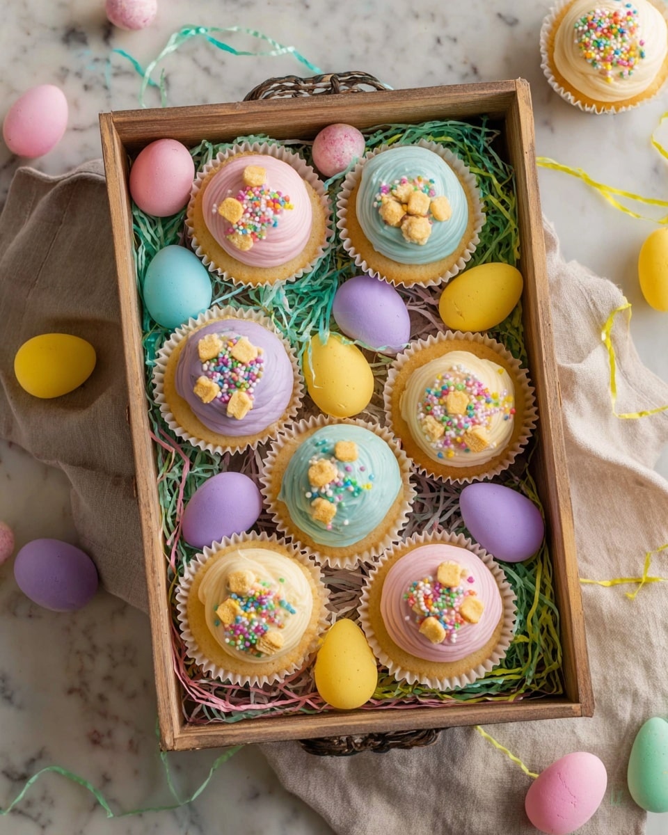 A wooden box filled with nine round cupcakes, each covered with pastel-colored icing in soft pink, light blue, and light cream. Each cupcake sits in a white paper cup and is decorated on top with small, colorful sugar sprinkles and tiny yellow cookie pieces. Surrounding the cupcakes inside the box are pastel Easter egg candies in pink, yellow, purple, green, and blue, along with thin, curly strips of pastel-colored paper grass in pink, green, yellow, and purple. The box is placed on a white marbled surface, with a few more pastel eggs scattered outside. Photo taken with an iphone --ar 4:5 --v 7