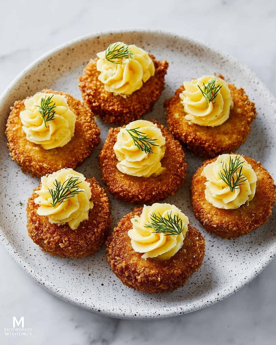 The image shows seven crispy, golden-brown, round fried pieces arranged on a white speckled plate placed on a white marbled surface. Each piece has two layers: the bottom layer is a thick, crunchy, breaded fried base with coarse texture, and the top layer is a swirl of soft, light yellow cream or mousse, piped neatly in the center. Each swirl is garnished with a small sprig of fresh green dill, adding a touch of color contrast and freshness to the dish. photo taken with an iphone --ar 4:5 --v 7