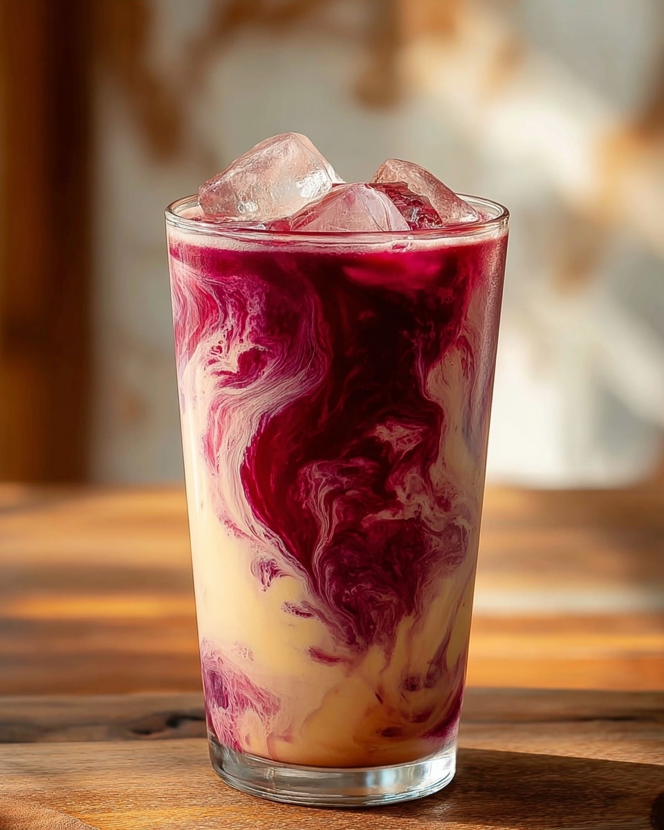 A tall clear glass filled with a layered drink showing a swirl pattern, with a deep reddish-purple liquid mixed and flowing into a creamy light beige layer, creating beautiful marbled waves through the glass. The reddish-purple color is more concentrated at the bottom and top, blending into the creamy middle, and the glass is topped with clear ice cubes. The background is a soft blur with warm tones, and the glass is set on a wooden surface against a white marbled texture. photo taken with an iphone --ar 4:5 --v 7