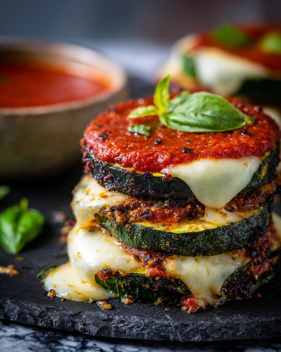 The image shows a close-up stack of four grilled zucchini slices, each slice layered with melted white cheese and a thick spread of rich red tomato sauce. The zucchini has a dark green skin with a moist, soft pale green inside, slightly charred on the edges. The melted cheese is creamy and gooey, stretching between layers and browned on top. Fresh green basil leaves are scattered over the stack, adding a fresh touch. The stack sits directly on a dark surface with a blurred bowl of extra sauce in the background, all against a white marbled texture. photo taken with an iphone --ar 4:5 --v 7