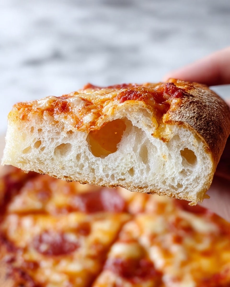A close-up of a slice of pizza held by a woman's hand showing the thick, airy crust with a large hole inside; the crust is white and fluffy on the inside and golden brown on the outside. The pizza has a layer of melted cheese that is bubbly and slightly browned on top, with a tomato sauce layer beneath it, rich red in color. The background shows the whole pizza, out of focus, on a white marbled surface. Photo taken with an iphone --ar 4:5 --v 7