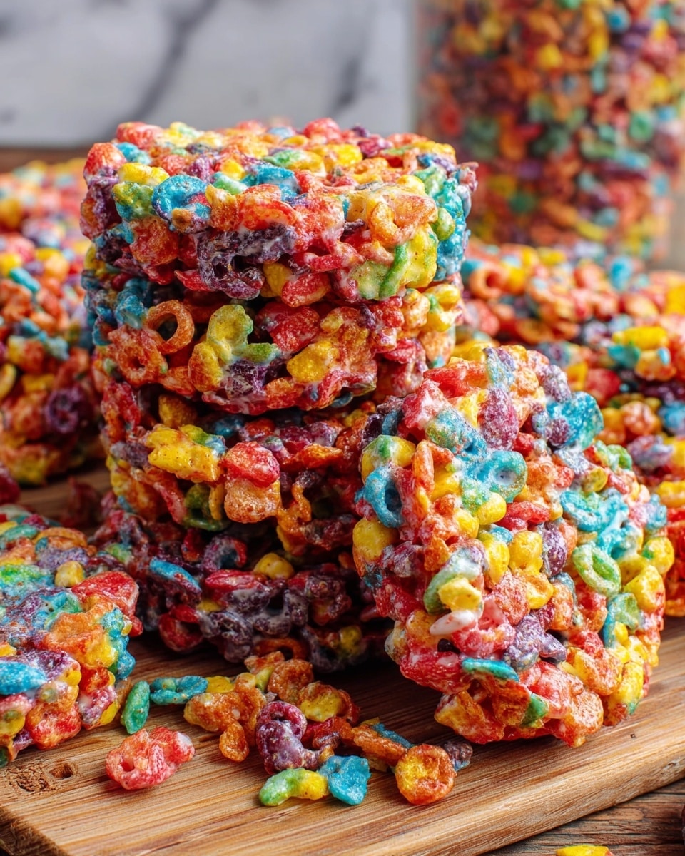 The image shows several thick, colorful cereal treats made from vibrant rainbow-colored fruity cereal mixed with melted marshmallows. The treats are round and stacked unevenly on a wooden surface, with the cereal pieces visibly sticky and glossy from the marshmallow binding. The cereal bits are bright red, yellow, blue, green, orange, and purple, creating a lively and playful look. Small cereal bits spill around the base of the treats. There is a white marbled background and a clear container with more cereal in the background. photo taken with an iphone --ar 4:5 --v 7