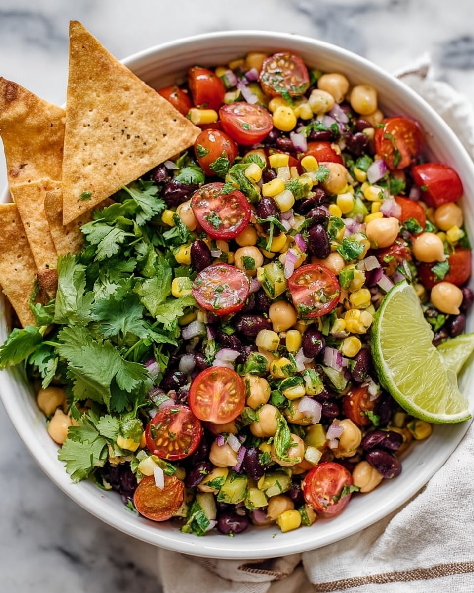 A white bowl filled with a colorful layered salad featuring black beans, chickpeas, and bright yellow corn scattered throughout the base layer. The middle layer has halved cherry tomatoes and diced red onions mixed with chopped green herbs, providing a fresh contrast. On top, several large green cilantro leaves are sprinkled, adding texture and vibrant color. Three crispy triangular crackers are placed standing on one side of the bowl, alongside a wedge of lime. The bowl is set against a white marbled surface with a soft cloth nearby. Photo taken with an iphone --ar 4:5 --v 7