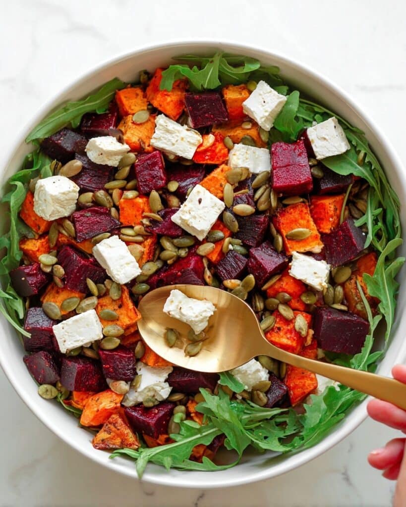 Roasted Pumpkin and Beetroot Salad with Feta, Pine Nuts, and Maple-Balsamic Dressing Recipe