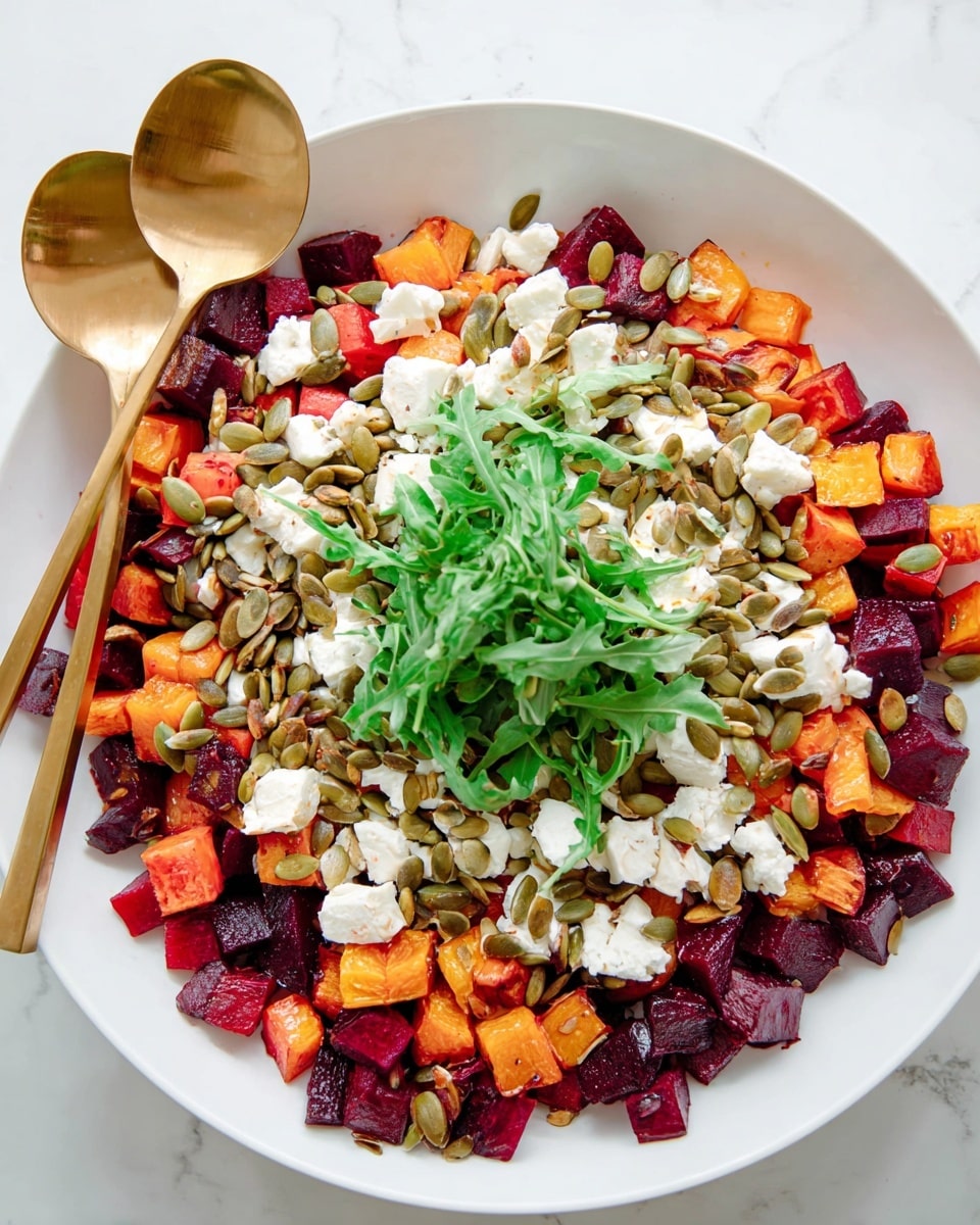 A white bowl holds a colorful salad with three visible layers: the base layer consists of diced deep purple beets and bright orange roasted squash cubes mixed together, the middle layer features small white cubes of feta cheese scattered evenly, and the top layer is sprinkled with green pumpkin seeds and golden pine nuts. Fresh green arugula leaves sit in the center, adding a fresh touch. Two gold serving spoons rest on the left side of the bowl. The bowl is placed on a white marbled textured surface. Photo taken with an iphone --ar 4:5 --v 7