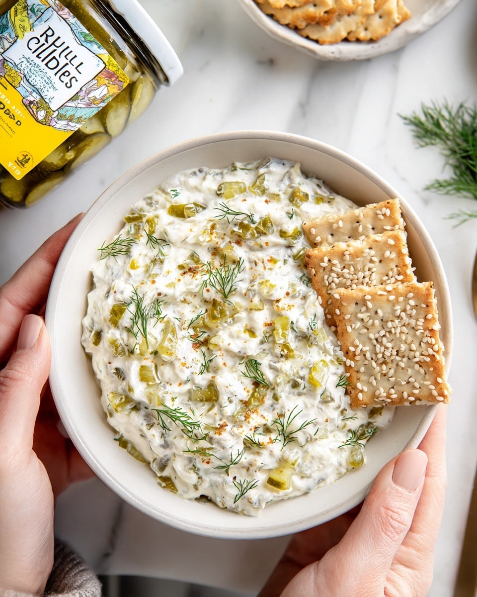 A white bowl held by two woman's hands contains a creamy white dip mixed with small green pickle pieces and fresh green dill scattered throughout, giving a textured look. On top of the dip, there are three rectangular crackers sprinkled with sesame seeds, positioned on the right side of the bowl. The background is a white marbled texture with a jar of dill pickle chips and a yellow box partially visible around the bowl. photo taken with an iphone --ar 4:5 --v 7