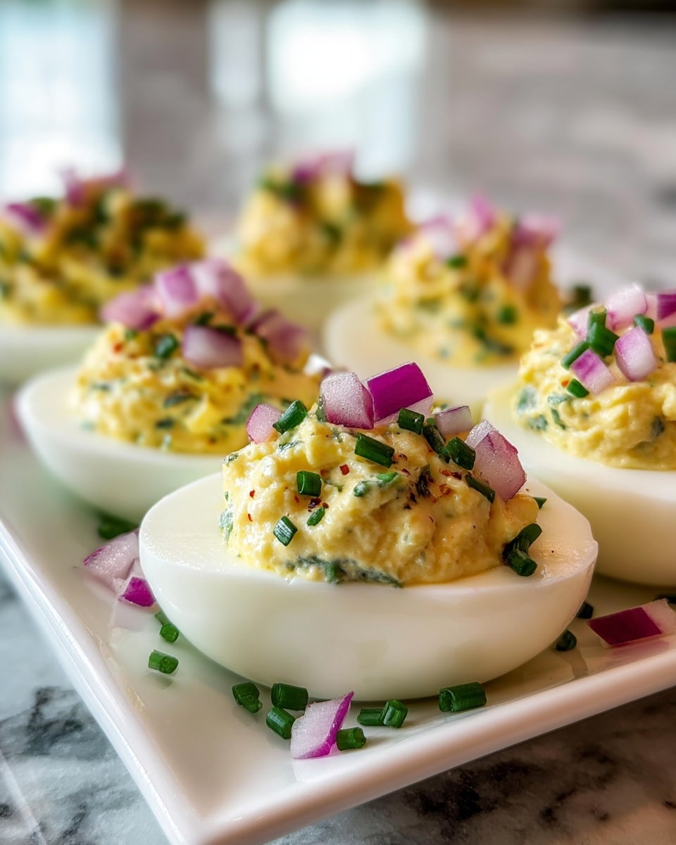 A close-up image shows six deviled eggs placed on a white rectangular plate set on a white marbled surface. Each egg is halved with a smooth white egg white base holding a creamy yellow filling that has a slightly chunky texture, mixed with small green herbs. The filling is mounded high in the center of each egg half. On top of the creamy filling, there are small cubes of purple-red onion and finely chopped green chives scattered both on the filling and the plate. The eggs are arranged in a loose, slightly angled line with the focus on the front egg. The background is softly blurred, giving a warm and homey kitchen feel. Photo taken with an iphone --ar 4:5 --v 7