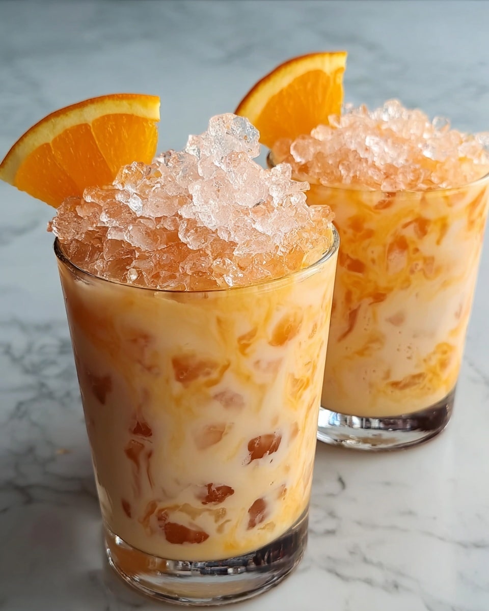 Two clear glasses filled with a creamy orange and white drink that has a swirled texture from the mix of liquids. Each glass is topped with a heap of crushed ice, giving a shiny, crystalline effect. Behind the crushed ice, there is a slice of bright orange fruit placed on the rim, adding a pop of fresh color. The glasses stand on a white marbled surface that softly reflects the drinks. The overall look feels cold and refreshing, with rich colors blending through the layers. photo taken with an iphone --ar 4:5 --v 7