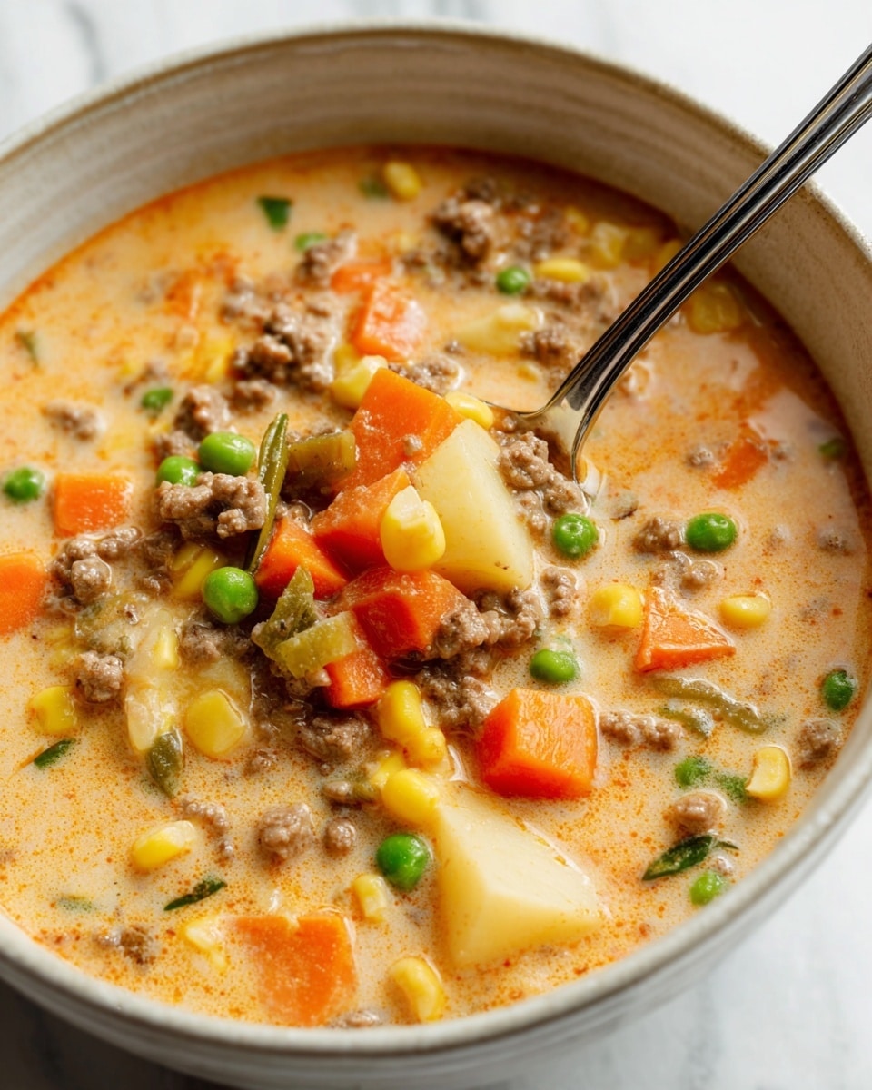 A creamy soup served in a white bowl with a slightly textured rim shows about five layers: a light orange, creamy broth base filled evenly with chunky pieces of ground beef in light brown, bright orange carrots, yellow corn kernels, green peas, and diced white potatoes; a silver spoon rests inside, scooping a spoonful of the mix, showing the layers clearly with vegetables and meat sitting together in the rich broth; the background is a white marbled surface. photo taken with an iphone --ar 4:5 --v 7