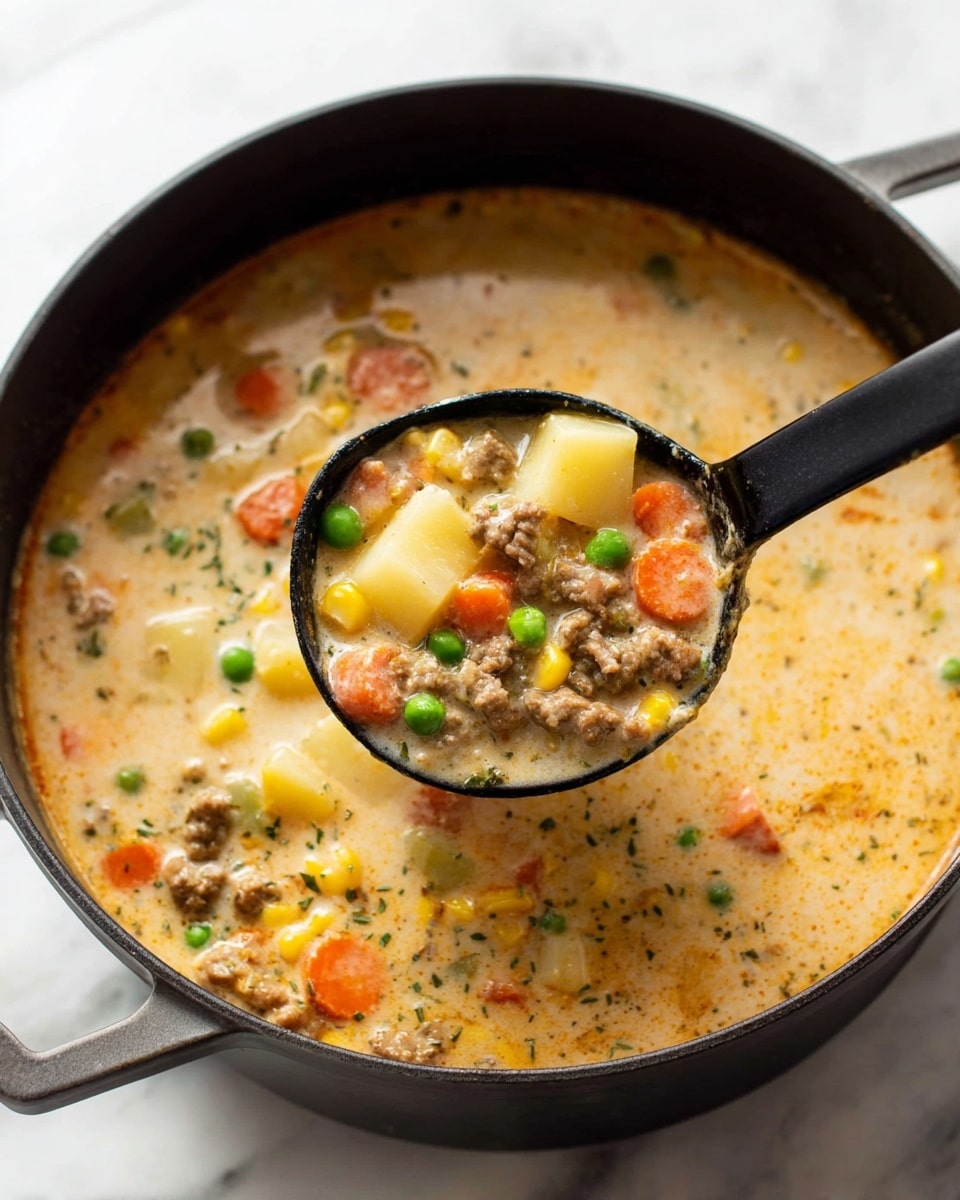 A black pot filled with creamy soup that has two main layers: a light beige creamy broth with a slightly oily orange tint floating on top, and mixed chunky ingredients including pale yellow potatoes, orange carrots, bright green peas and beans, yellow corn, and small pieces of brown ground meat. A black ladle lifts a scoop of the soup showing the mix of these colorful ingredients swirled together in the creamy broth. The pot is placed on a white marbled surface. photo taken with an iphone --ar 4:5 --v 7