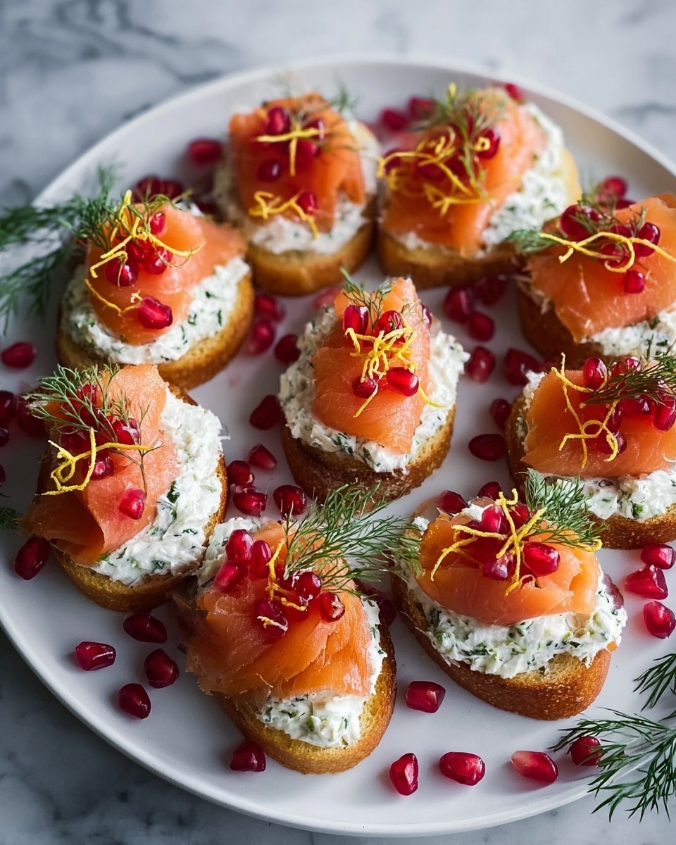 A white plate holds a circular arrangement of small toasted bread slices as the base layer, each topped with a thick spread of white cream cheese mixed with green herbs. On top of the cream cheese, soft, folded pieces of orange-pink smoked salmon form the next layer, adding a smooth texture. Each piece is garnished with bright red pomegranate seeds, a small sprig of fresh green dill, and thin yellow lemon zest strands for a pop of color. Pomegranate seeds are also scattered around the plate for decoration, all set on a white marbled surface. photo taken with an iphone --ar 4:5 --v 7