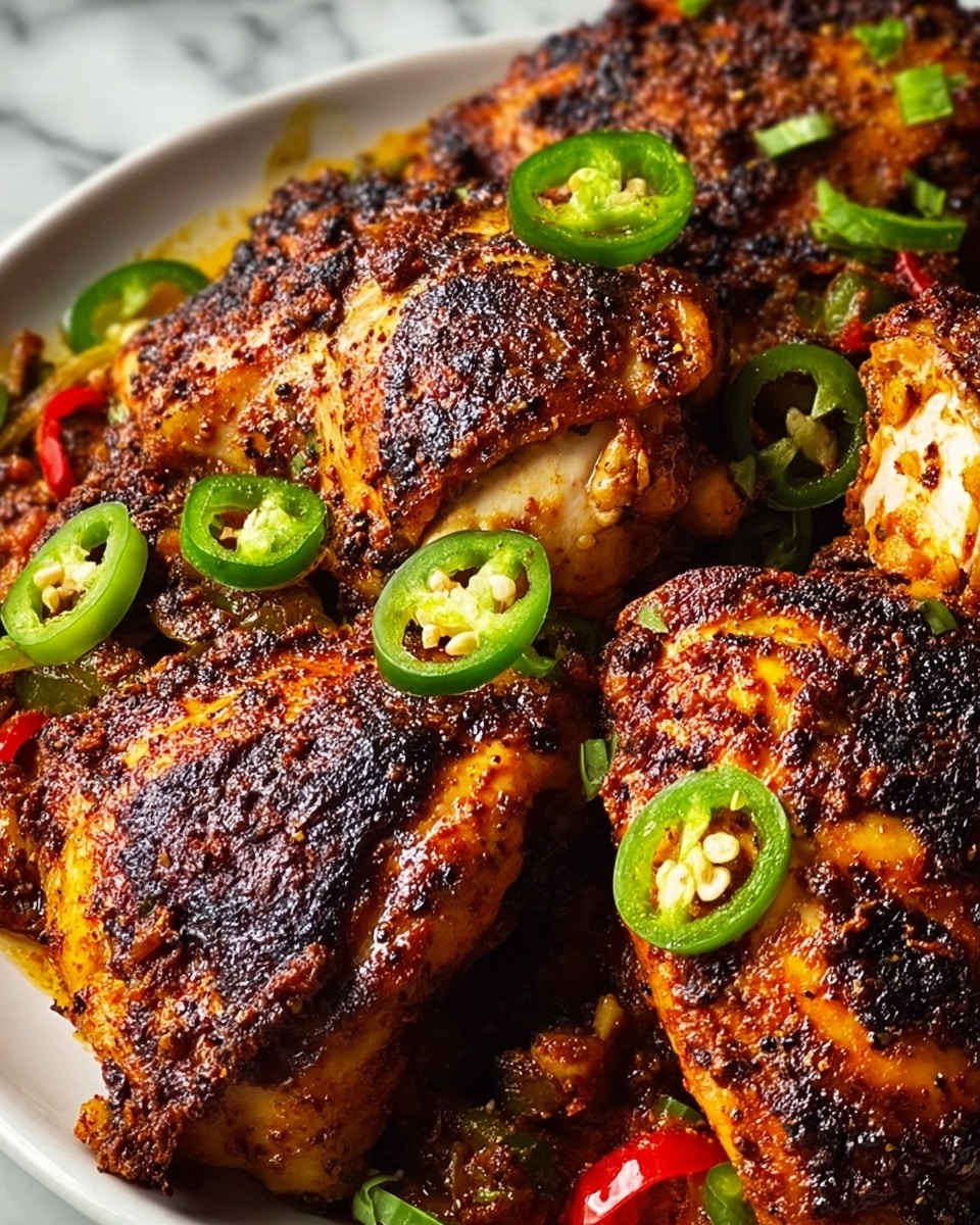 The image shows a close-up of grilled chicken thighs with a dark golden-brown charred crust and visible spices on the surface. The chicken pieces are arranged on a white plate, with several layers of textures: the crispy skin layer on top, a juicy inner white meat layer, and bits of seasoning in between. Bright green slices of jalapeño peppers are scattered over the chicken, adding a fresh and spicy look. Around the chicken, there are cooked vegetables, including red peppers, contributing to a mix of rich red and green colors. The whole scene is set against a white marbled surface, enhancing the vibrant colors of the dish. Photo taken with an iphone --ar 4:5 --v 7