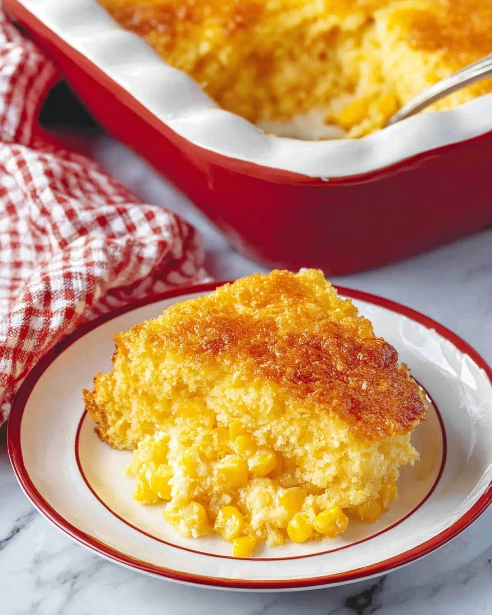 The image shows a thick slice of corn casserole served on a shiny white plate with a red rim, placed on a white marbled surface. The casserole has two visible layers: the bottom layer consists of bright yellow whole corn kernels mixed with a creamy texture, and the top layer is a golden-brown, slightly crispy crust with a coarse texture. Next to the plate is a white baking dish with a red rim containing the rest of the casserole, which has a similar golden crust on top and a soft, creamy inside. A white and red checkered cloth is partially visible near the baking dish. The photo taken with an iphone --ar 4:5 --v 7