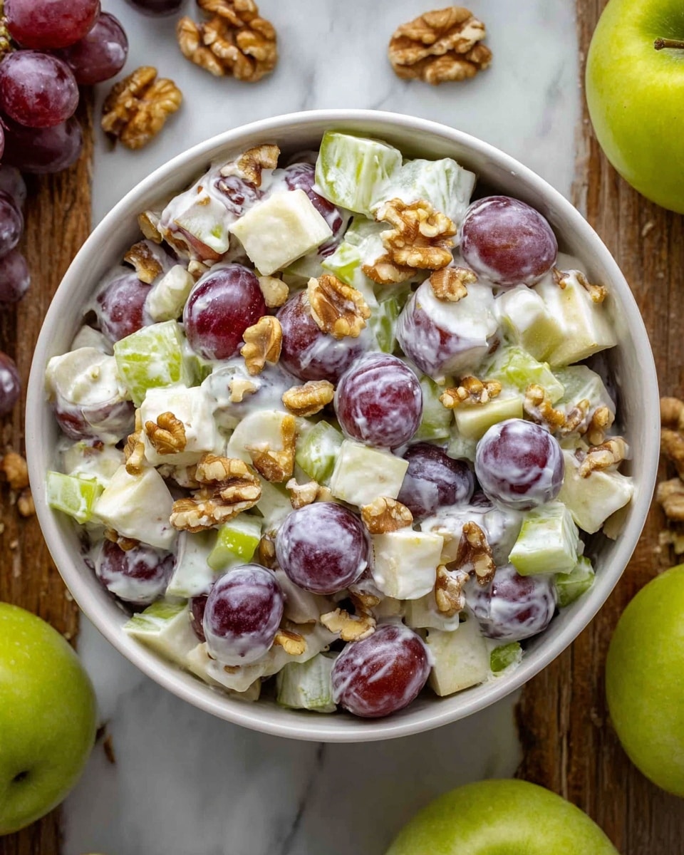 A white bowl filled with a creamy fruit and nut salad consisting of several layers: large slices of purple grapes, small white cheese cubes, light green apple pieces, green celery bits, and chopped brown walnuts, all evenly mixed and coated with a white creamy dressing, placed on a white marbled surface with scattered walnuts, green apples, and purple grapes around it, photo taken with an iphone --ar 4:5 --v 7