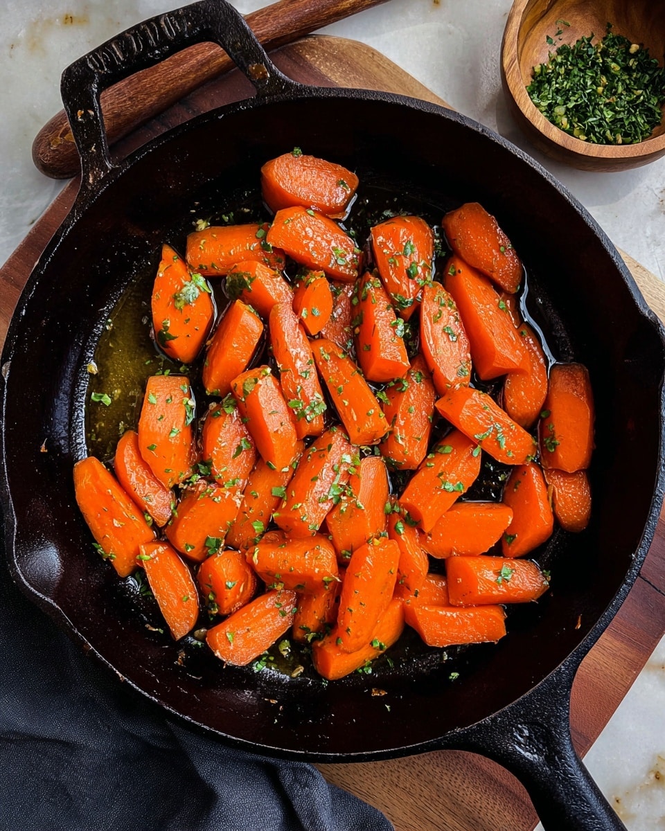 A black cast iron pan filled with bright orange cooked carrots cut into thick, uneven pieces, coated in a shiny glaze of oil and sprinkled with small bits of chopped green herbs, placed on a wooden surface with a folded dark cloth under the pan handle; a small wooden bowl filled with finely chopped green herbs is seen at the top right on the white marbled texture background. Photo taken with an iphone --ar 4:5 --v 7