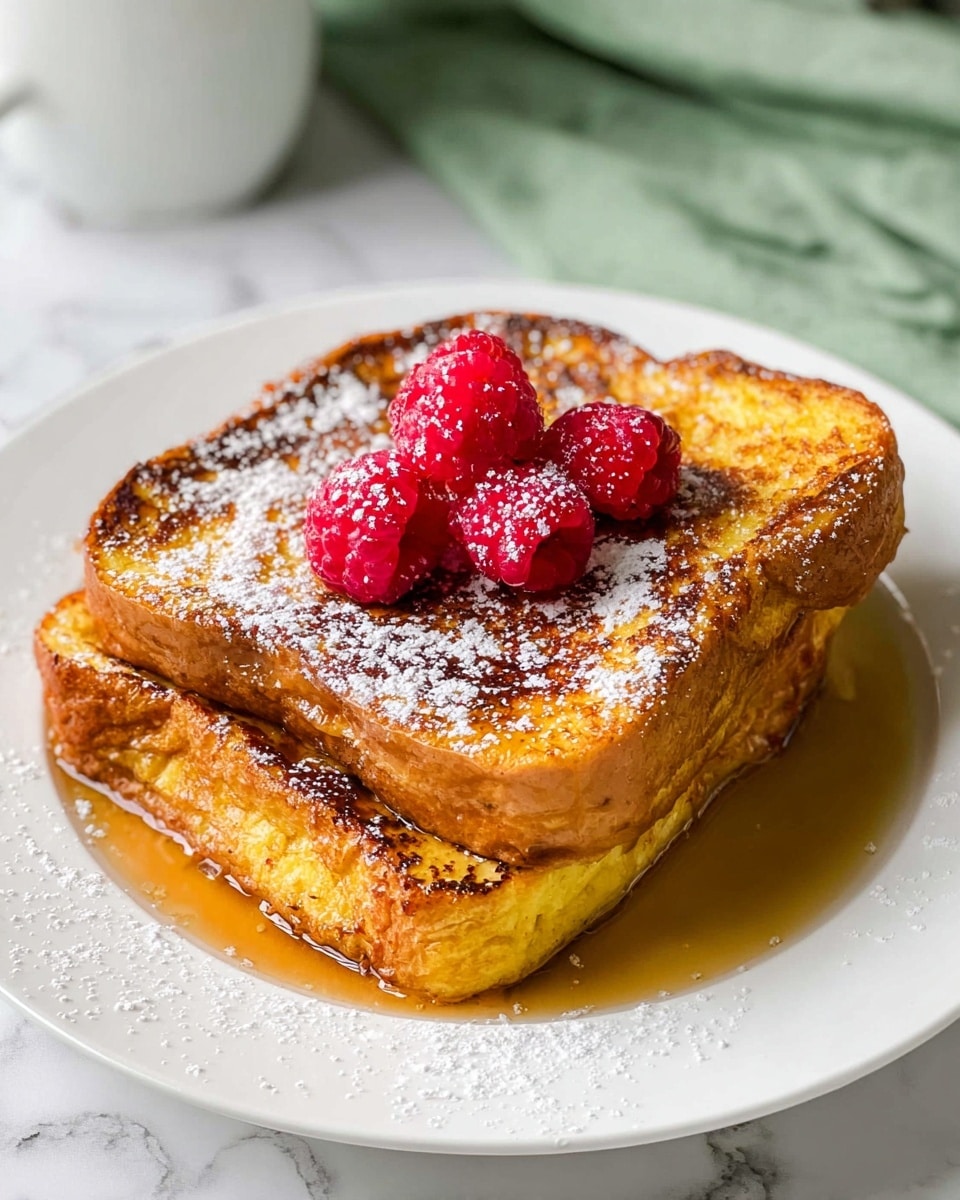 Two thick slices of French toast stacked on a white plate, each slice golden brown with a slightly crispy texture on the edges, softer and yellow inside. On top of the stack there are four bright red raspberries dusted lightly with white powdered sugar. Some powdered sugar is also scattered around the plate, and there is a light shine of syrup pooling near the base of the toast. The background is a white marbled surface with a hint of a green cloth and a white cup blurred in the corner. Photo taken with an iphone --ar 4:5 --v 7