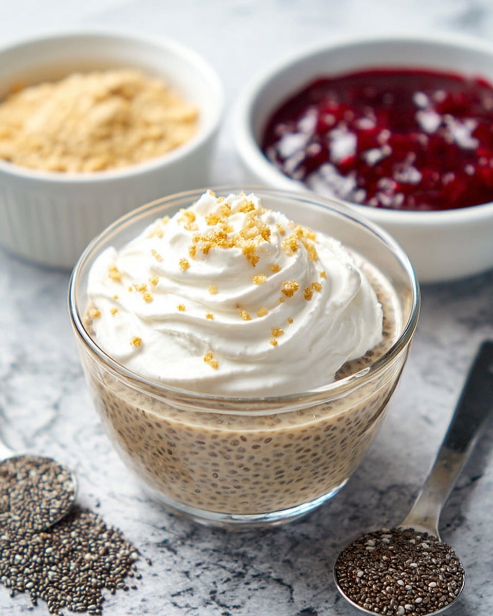 A clear glass bowl holds a chia pudding with a creamy beige color and visible black chia seeds spread evenly throughout the pudding filling the bowl nearly to the top; on the surface, there is a large swirl of white whipped cream topped with small golden crumbs sprinkled lightly over it. Around the bowl, there are blurred elements including a white bowl filled with a thick red berry sauce on the right and a clear bowl of crushed crumbs in the back left, all placed on a white marbled texture. A metal measuring spoon filled with chia seeds lies to the right of the bowl. photo taken with an iphone --ar 4:5 --v 7