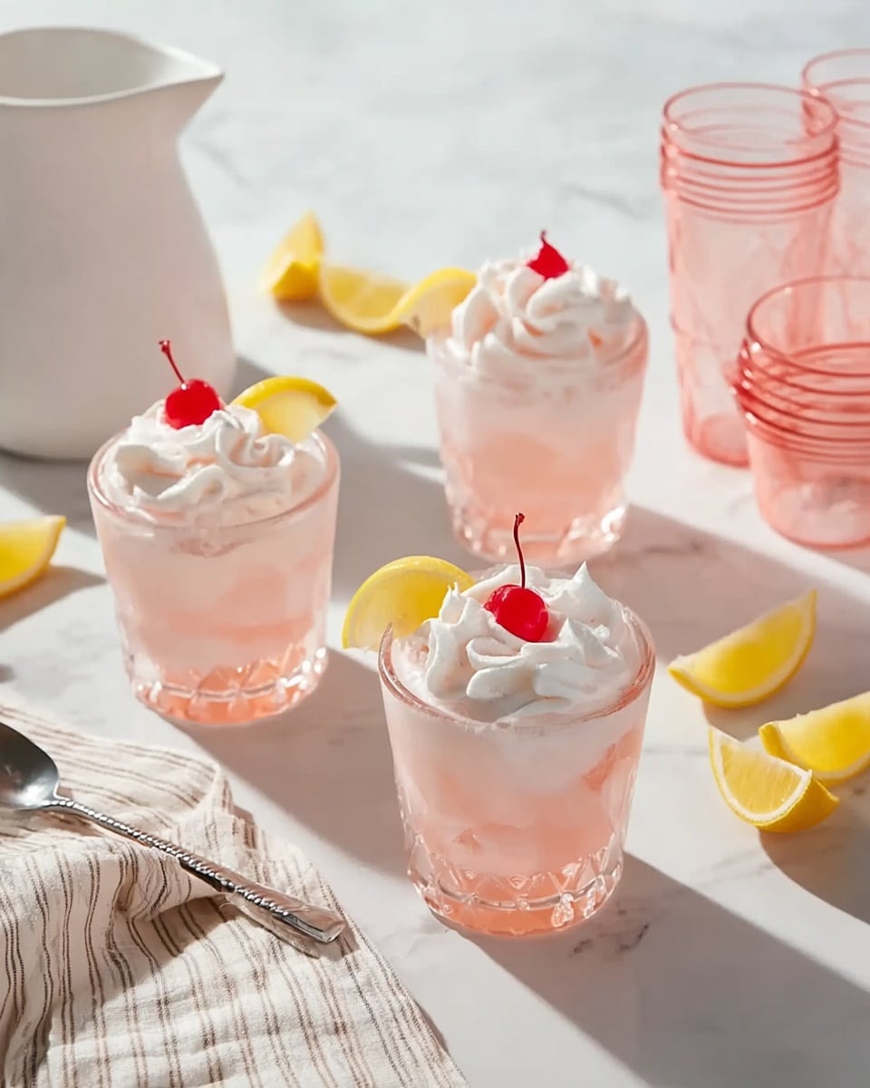 The image shows three short white glasses filled with a light pink drink topped with thick white whipped cream in swirled peaks. Each glass is decorated with a small red cherry and a bright yellow lemon wedge on the rim. Behind them, on a white marbled surface, is a white pitcher filled with the same pink liquid, and to its right, a stack of clear pink cups. Around the drinks, there are soft beige and white striped cloth napkins and a spoon resting on the surface. The scene is bright with natural light coming from the top left. photo taken with an iphone --ar 4:5 --v 7