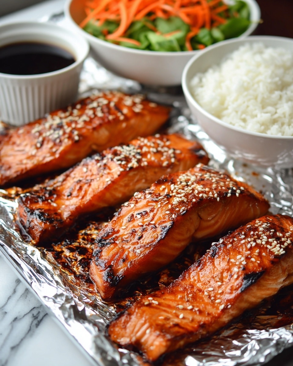 Four grilled salmon fillets with a shiny, slightly charred surface, topped with sesame seeds, lay on crinkled aluminum foil. The salmon is a rich orange color with visible grill marks and a moist texture. Behind the salmon, there is a white bowl filled with plain white rice and another white bowl holding a fresh green salad with shredded orange carrots. A white sauce bowl with dark soy sauce is also visible on the left side. The dish is set against a white marbled surface. photo taken with an iphone --ar 4:5 --v 7