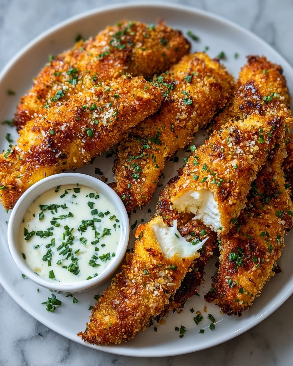 A white plate holds several breaded chicken tenders with a golden-brown, crispy crust, lightly sprinkled with chopped green herbs. One chicken tender is broken open near the center, showing the white, juicy inner meat. The breading shows a crunchy texture with small toasted crumbs. To the side of the plate is a small round white bowl filled with a creamy white dipping sauce that has green herb bits mixed inside. The plate is set on a white marbled textured surface. photo taken with an iphone --ar 4:5 --v 7