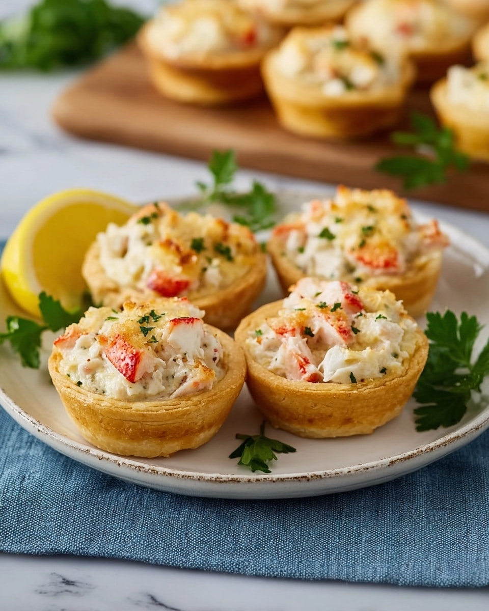 The image shows six small tartlets on a white plate with a slightly rough edge, placed on a blue cloth over a white marbled surface. Each tartlet has two visible layers: a golden-brown baked pastry shell as the base with a crumbly texture, and a creamy, chunky white filling mixed with pieces of pinkish-red crab or seafood. The top of each tartlet is lightly browned with melted cheese, sprinkled with small bits of green herbs. A wedge of bright yellow lemon and a few sprigs of fresh green parsley are placed on the side for garnish. In the blurred background, more tartlets are visible on a wooden board. Photo taken with an iphone --ar 4:5 --v 7