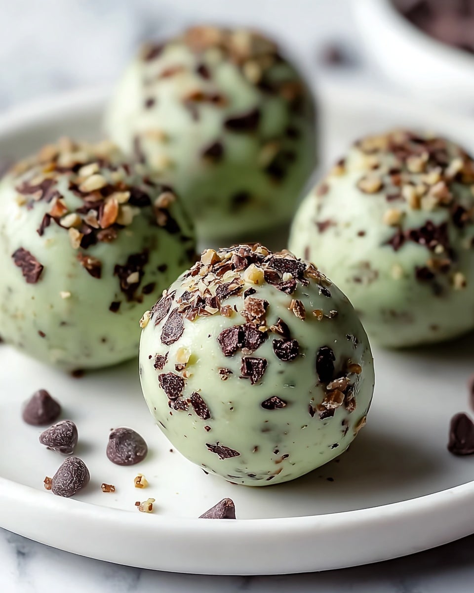 Five round balls sit on a white plate placed on a white marbled surface. Each ball has a smooth light green outer layer covered with small dark chocolate chips and finely chopped light brown nuts scattered evenly all over. Around the balls on the plate, some loose dark chocolate chips add extra texture. The balls look shiny and fresh, and the focus is on the nearest ball, making the others softly blurred in the background. photo taken with an iphone --ar 4:5 --v 7