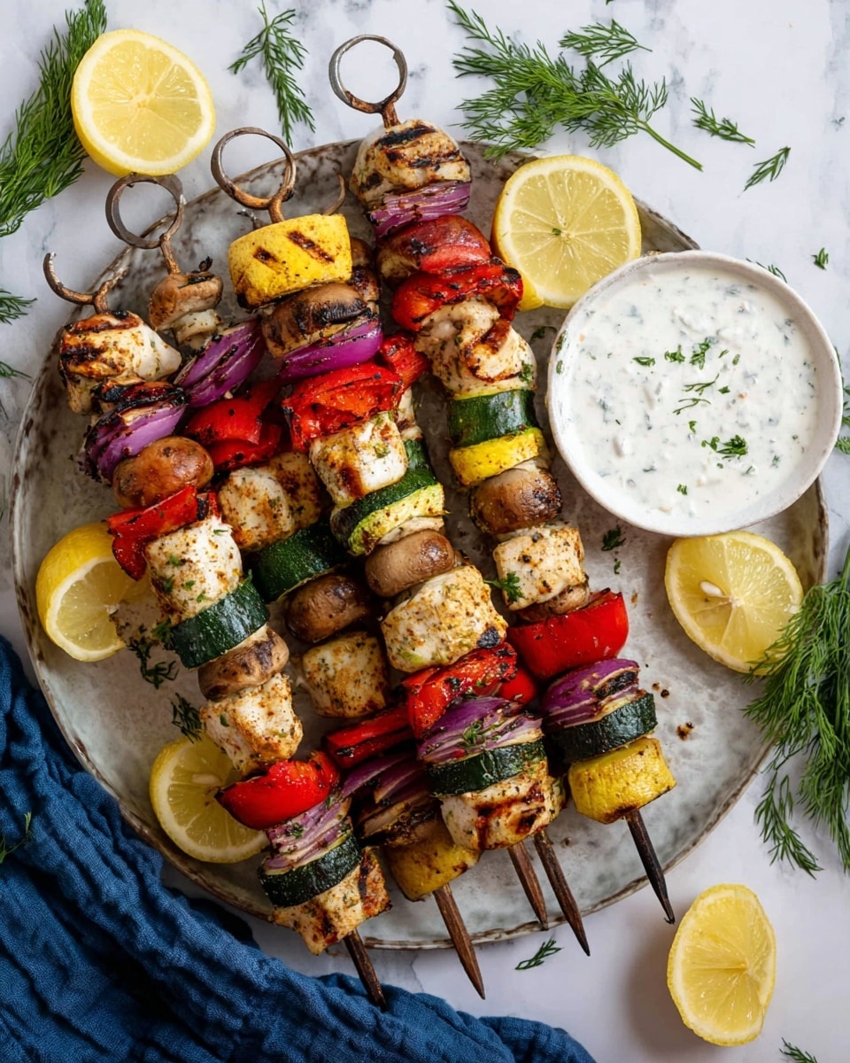 The image shows five grilled skewers arranged on a white marbled textured round tray. Each skewer has a layered pattern starting from the bottom with a brown mushroom, followed by grilled white chicken pieces with seasoning, red bell pepper slices, light purple onion pieces, green zucchini slices, another grilled chicken piece, red bell pepper, green zucchini, red onion, grilled chicken, and finishing with a brown mushroom or yellow grilled squash on top. The colors are warm and grilled, with light char marks on the chicken and vegetables. The tray also has lemon wedges and sprigs of dill scattered around, with a small white bowl filled with a creamy white sauce garnished with dill placed on the right side. The setup is on a white marbled surface with a dark blue cloth and scattered fresh dill around the tray. photo taken with an iphone --ar 4:5 --v 7