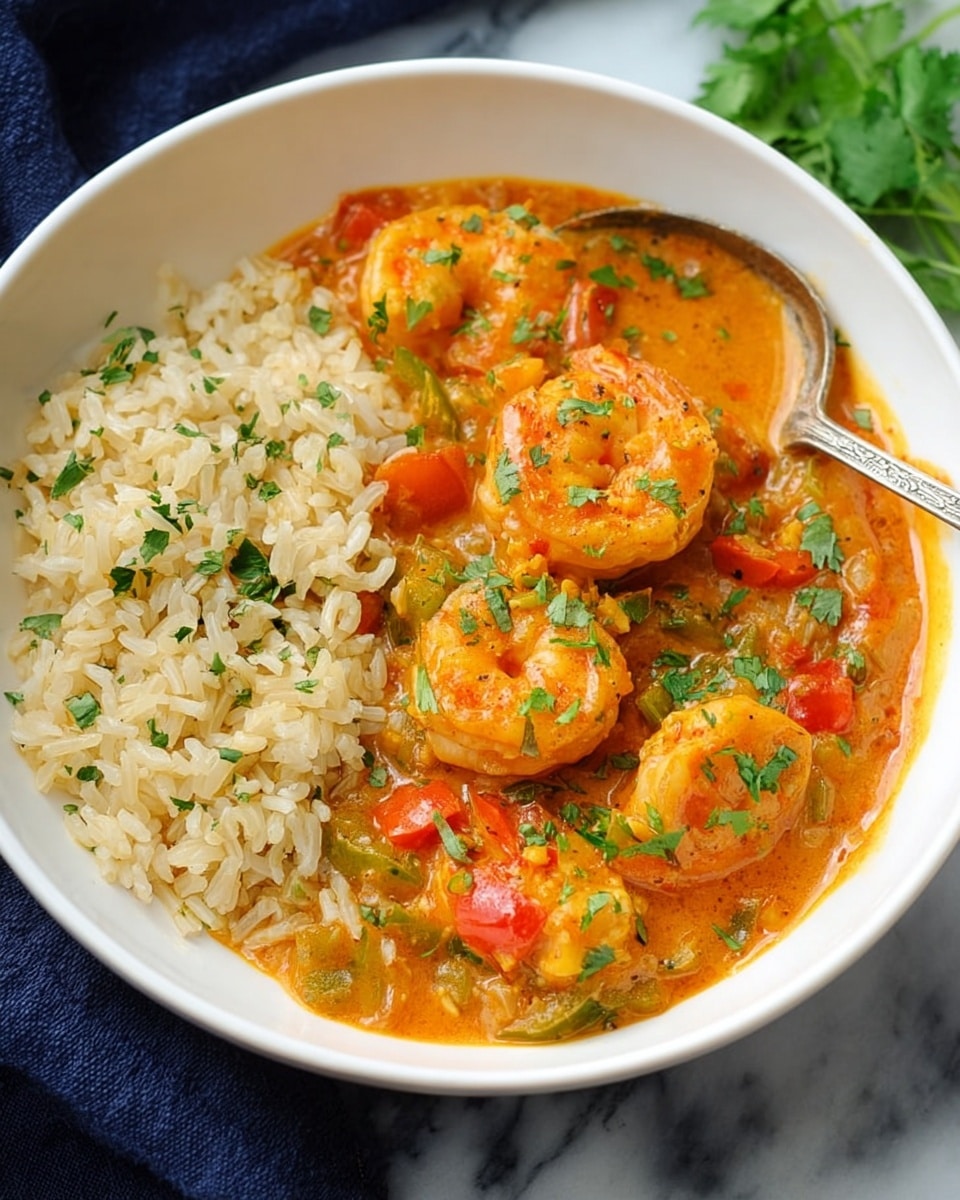 A white bowl holds two main layers of food arranged side by side: on the left, light brown cooked rice sprinkled with small green herb leaves, showing a fluffy texture; on the right, bright orange shrimp stew with several plump shrimp visible, covered in a thick, creamy sauce mixed with pieces of green bell peppers and red tomatoes, all garnished with fresh chopped herbs. A silver spoon rests inside the bowl, and the bowl sits on a white marbled surface with some fresh green herbs nearby. photo taken with an iphone --ar 4:5 --v 7