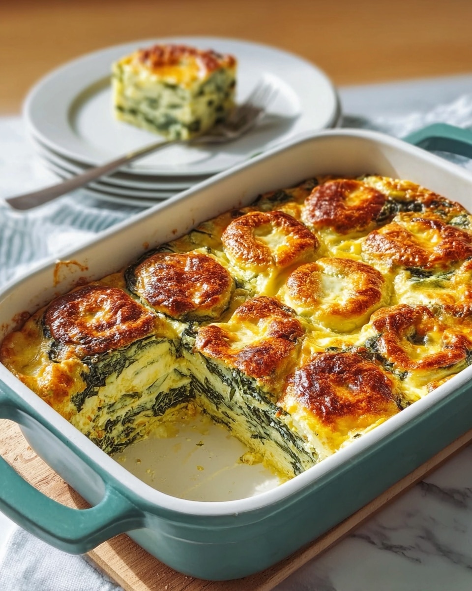 The image shows a square spinach and cheese casserole with seven browned, bubbly cheese circles on top in a white baking dish with teal handles. One piece is taken out, revealing multiple thin layers of creamy, pale yellow egg mixture mixed with deep green spinach inside, giving a textured look. The cut piece sits on a white plate in the background. The setting is a white marbled surface with soft natural light. Photo taken with an iphone --ar 4:5 --v 7