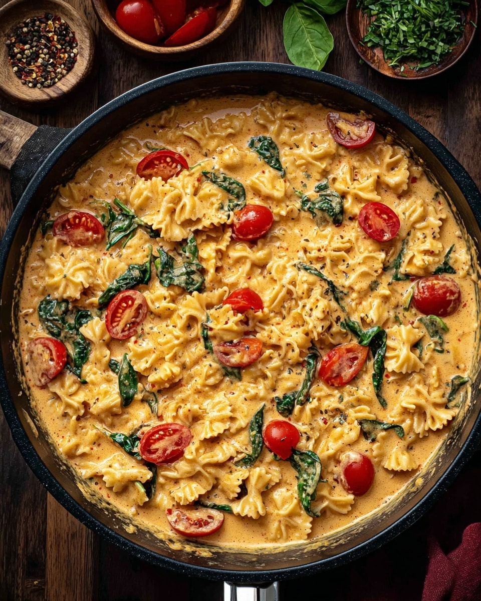 A black pan filled with creamy orange sauce pasta that has three layers: the bottom layer is the sauce, smooth and shiny, the middle layer is pasta with curly and wavy shapes in light yellow, and the top layer is scattered with bright red cherry tomato halves and dark green spinach leaves, all mixed evenly throughout. The pan sits on a dark wooden surface with small bowls of herbs and cherry tomatoes nearby. photo taken with an iphone --ar 4:5 --v 7