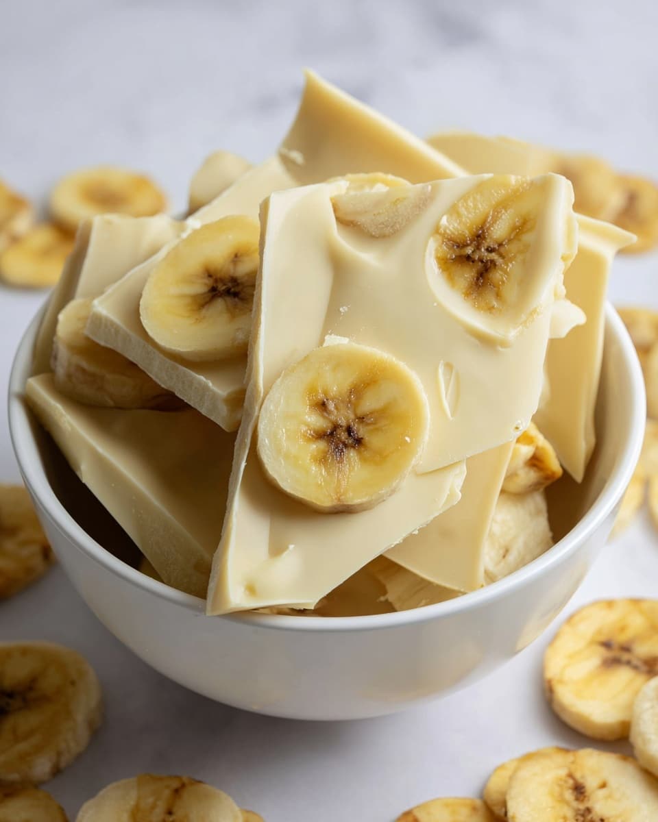 A white bowl filled with several large pieces of pale yellow white chocolate bark, each piece embedded with slices of dried banana that are golden yellow with some brown spots, the bark pieces are irregularly shaped with smooth and slightly glossy surfaces, and the bowl is placed on a white marbled surface with some dried banana chips scattered around in the background, creating a soft and warm visual contrast, photo taken with an iphone --ar 4:5 --v 7