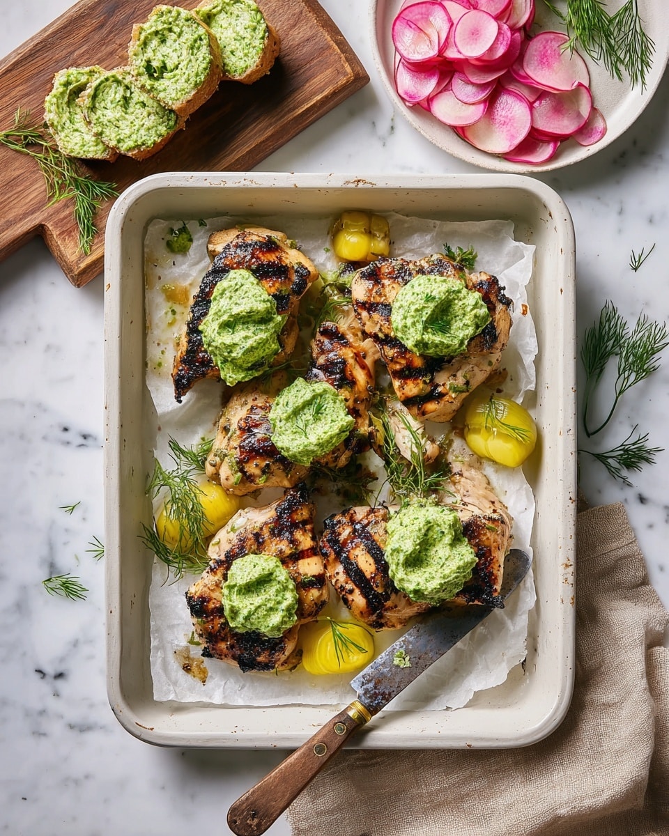 The image shows a white rectangular baking tray with five grilled chicken pieces arranged inside, each topped with a dollop of bright green herb butter that looks creamy with small bits of herbs visible. The chicken has dark grill marks and a slightly charred, golden-brown texture. Scattered around the chicken are small yellow pickle slices and fresh sprigs of green dill, adding color contrast. To the top left, a wooden board holds a roll of the same green herb butter, sliced at one end on crumpled white parchment paper. Near the top right, a white plate holds thin slices of pink and white pickled radish with some yellow pickles on top. The whole scene is set on a white marbled surface with a beige cloth partially visible at the bottom. A vintage knife with a wooden handle rests inside the tray. Photo taken with an iphone --ar 4:5 --v 7