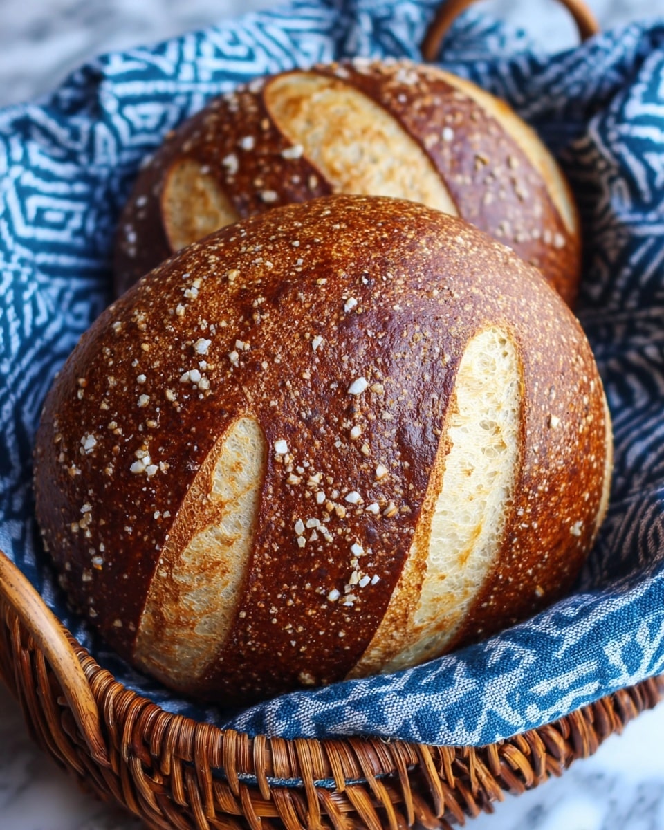 A close-up of two round loaves of pretzel bread in a woven basket lined with a blue cloth that has a white geometric pattern. Each loaf has a deep brown crust with large grains of salt scattered on top, and four thick diagonal cuts reveal a soft, light beige inside. The basket sits on a white marbled texture surface. photo taken with an iphone --ar 4:5 --v 7