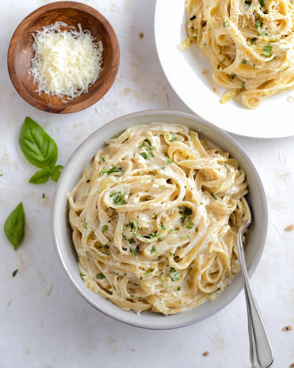 A bowl of creamy pasta sits in the center, filled with thick, light yellow fettuccine noodles coated in a smooth white sauce, sprinkled with finely chopped green herbs and grated white cheese on top. On the right, there is a white plate with a serving of the same creamy pasta, a little blurred but showing the same thick noodles and sauce. To the left, a small wooden bowl holds grated white cheese, with a few green basil leaves scattered on the white marbled surface around the dishes. A silver fork rests inside the main bowl, partly stuck in the pasta strands. photo taken with an iphone --ar 4:5 --v 7