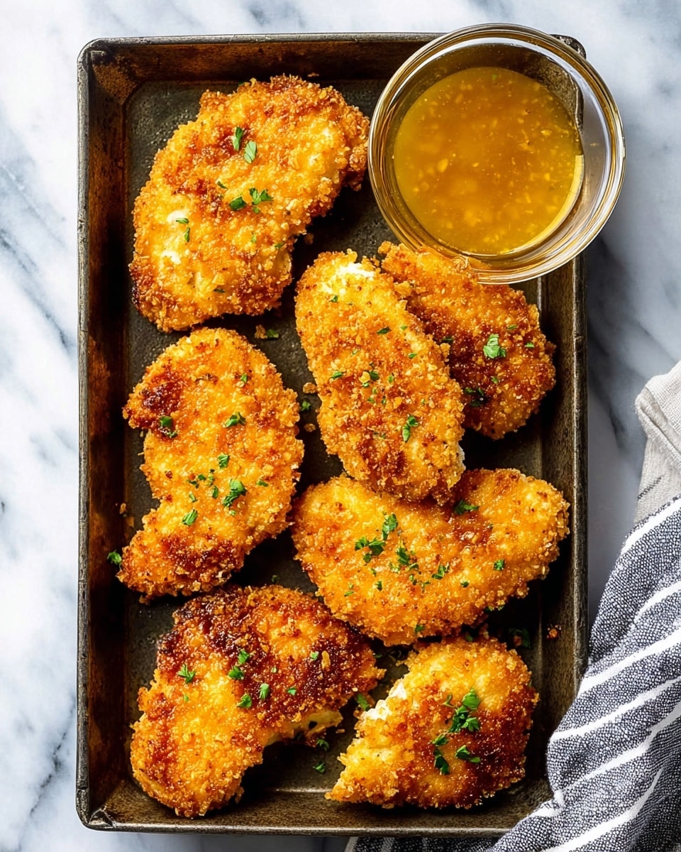 The image shows seven golden-brown breaded chicken pieces on a dark metal tray, each piece having a crunchy texture with small green herb bits sprinkled on top. The pieces vary in shape and are arranged closely in the tray, with a small clear glass bowl filled with golden sauce placed in the upper right corner. The tray is placed on a white marbled surface with a striped cloth partially visible on the right edge. photo taken with an iphone --ar 4:5 --v 7