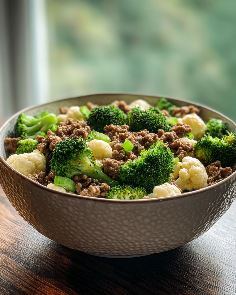 A close-up image of a bowl filled with three main layers: bright green broccoli florets, light creamy cauliflower pieces, and cooked crumbled ground beef with a brown color. The broccoli and cauliflower pieces are mixed evenly with the ground beef, and there are small green vegetable bits scattered throughout. The bowl is white on the inside with a textured pattern, and it sits on a dark wooden surface with a blurred window and greenery in the background. The lighting highlights the fresh look of the vegetables and the texture of the beef. Photo taken with an iphone --ar 4:5 --v 7