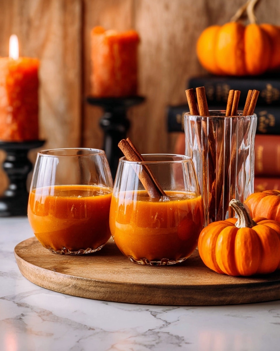 Two round clear glasses filled three-quarters with thick orange pumpkin drink sit on a round wooden board on a white marbled surface. Each glass has a single cinnamon stick laid across the rim. Behind the glasses is a smaller clear glass filled with several cinnamon sticks standing upright. On the right side of the board, there are three whole bright orange pumpkins resting on the white marbled surface. In the background, a wooden wall holds some books and two lit orange candles in black holders, adding a warm glow to the scene. Photo taken with an iphone --ar 4:5 --v 7