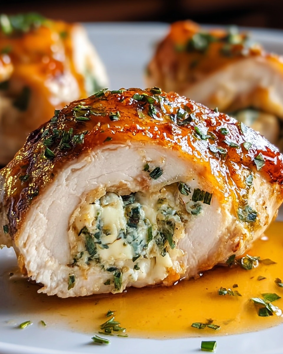 A close-up view of a golden-brown chicken breast roll sliced to show its layers, with the top layer being shiny, crispy roasted skin sprinkled with small green herbs. Inside, the thick white chicken meat wraps a creamy filling made of white cheese mixed with green herbs, creating a textured and slightly melted appearance. The chicken rests on a clean white plate with a thin layer of light orange-brown sauce pooling underneath, and small green herb pieces scattered on the plate. The background is softly blurred with other similarly cooked chicken pieces visible. photo taken with an iphone --ar 4:5 --v 7