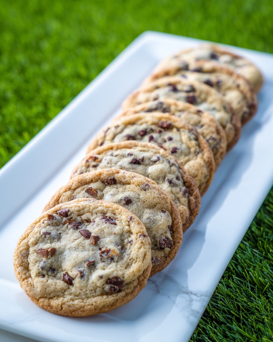 A line of seven soft cookies sits on a white rectangular plate, each cookie showing a light golden-brown color with a slightly uneven, textured surface. Dark chocolate chips and lighter nut pieces are scattered throughout the cookies, creating small, irregular spots of dark brown and caramel tones against the pale cookie dough. The plate rests on a white marbled surface, with green grass blurred in the background, giving a fresh outdoor feel. The cookies are arranged in a slightly overlapping row, leading the eye from the front left corner to the back right side. Photo taken with an iphone --ar 4:5 --v 7